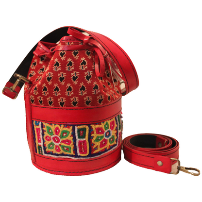 Red Ajrakh Leather Embroidered Potli