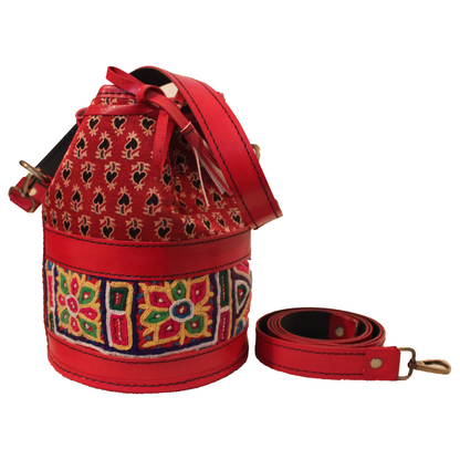 Red Ajrakh Leather Embroidered Potli