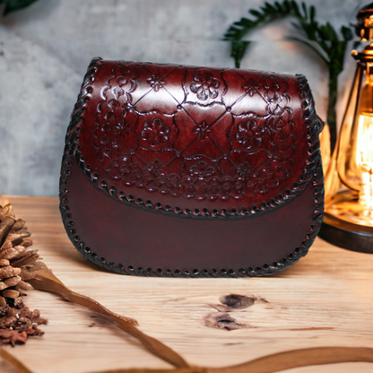 Burgundy Crossbody Handcarved Leather Sling Bag