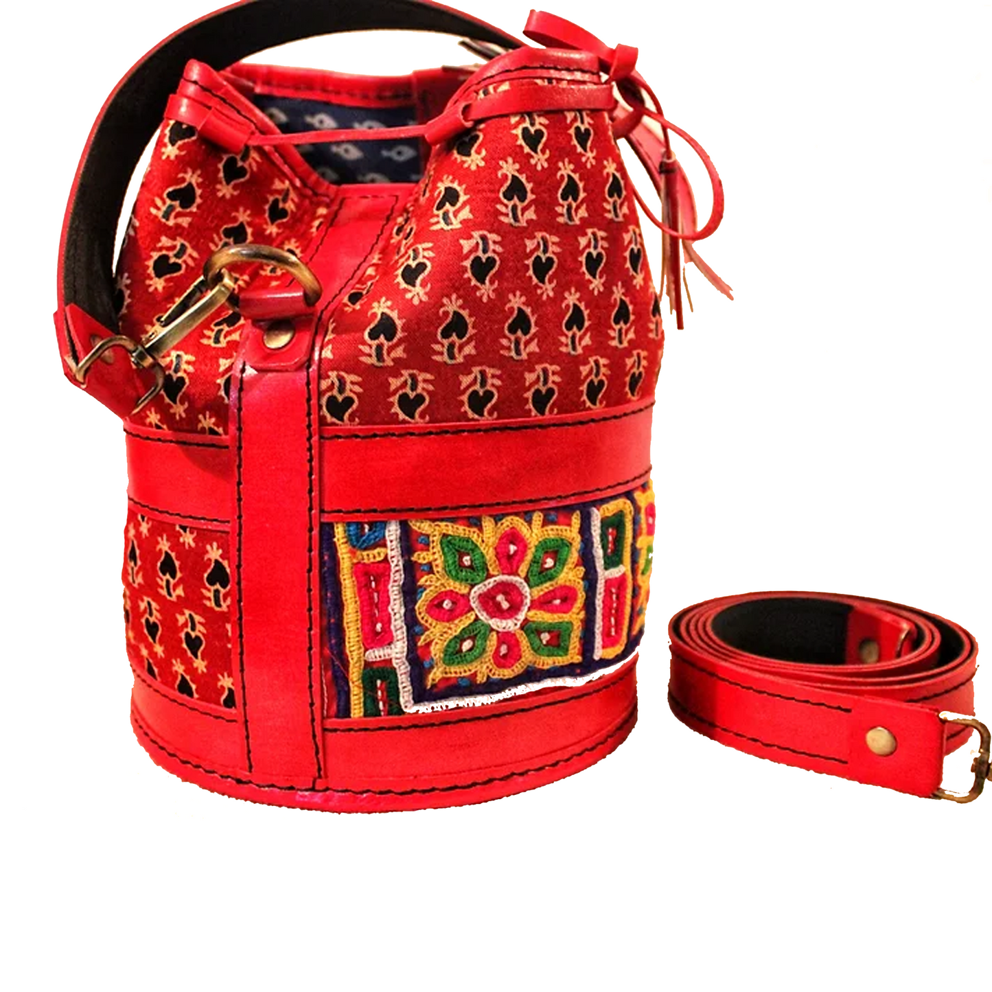 Red Ajrakh Leather Embroidered Potli