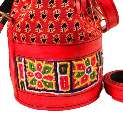 Red Ajrakh Leather Embroidered Potli