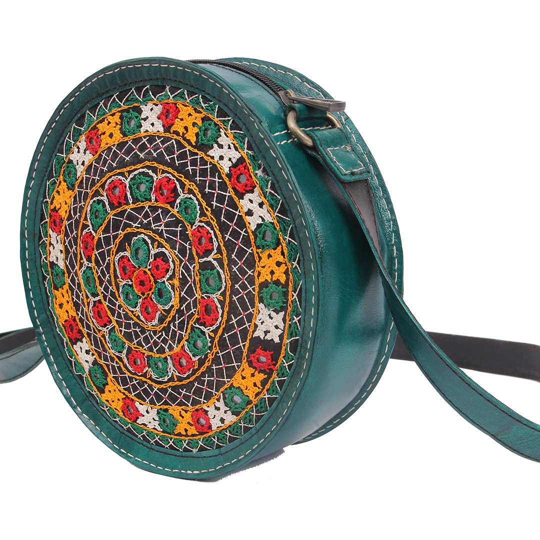 Verdant Green Embroidered Round Leather Sling Bag