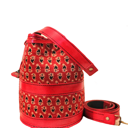 Red Ajrakh Leather Embroidered Potli