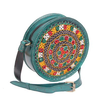 Verdant Green Embroidered Round Leather Sling Bag