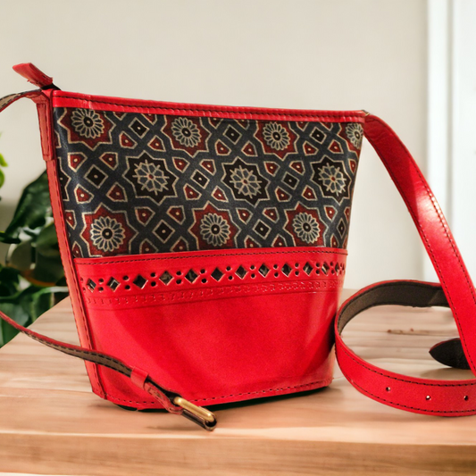 Blue Berry Red Leather Bucket Bag