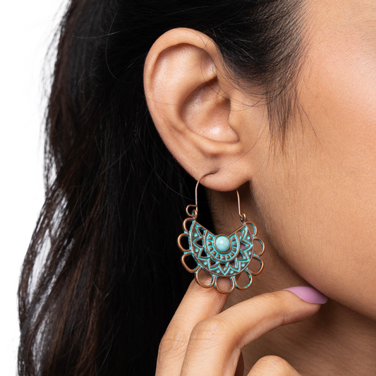 Flower Long Hoop Antique Turquoise Bronze Alloy earring