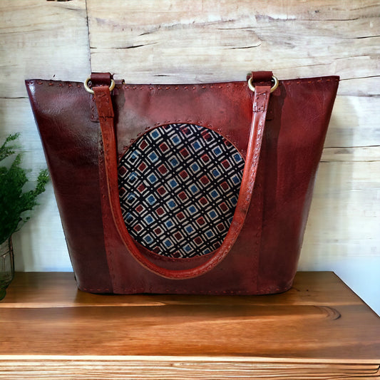Classy Circle Ajrakh  Leather Tote Bag