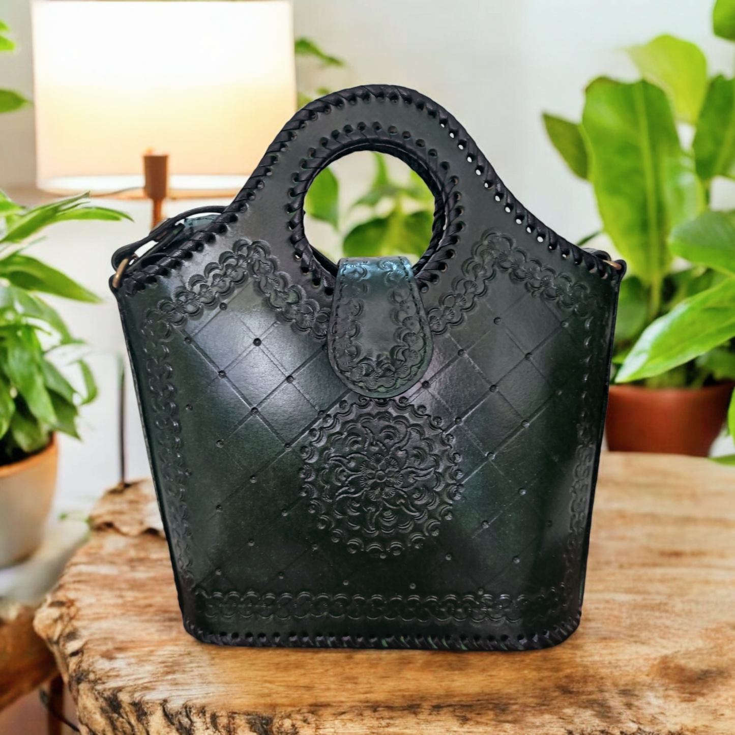 Olive Green Hand-carved Leather Handbag