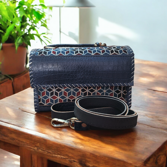 Leather Ajrakh Capsule Sling Bag - Blue