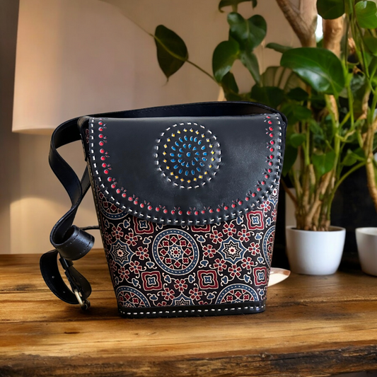 Black Pushtaini Leather Bucket Bag- Design 1