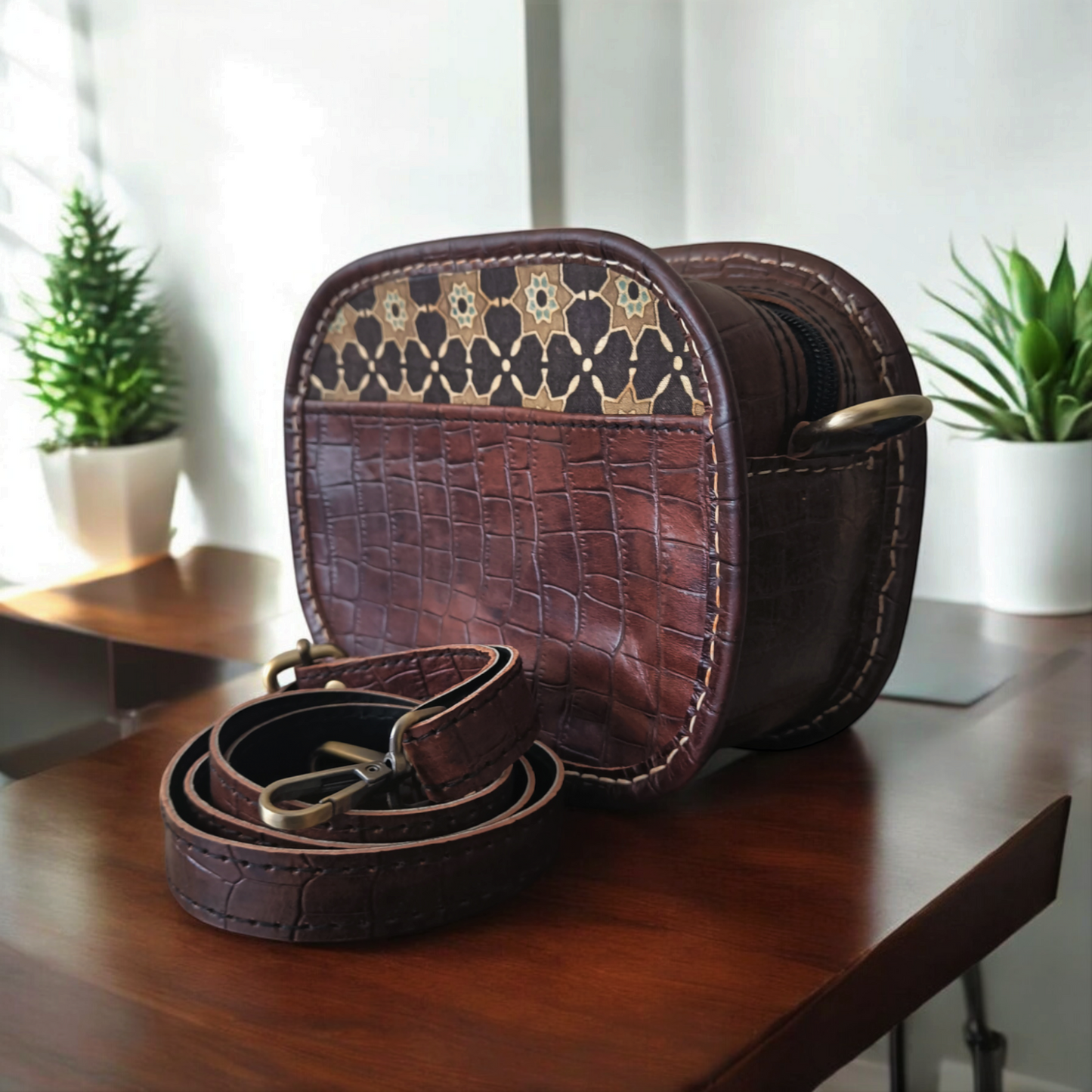 Chocolate Brown Leather Ajrakh Box Sling Bag