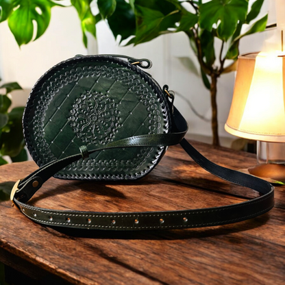 Olive Green Hand-carved Leather Round Handbag