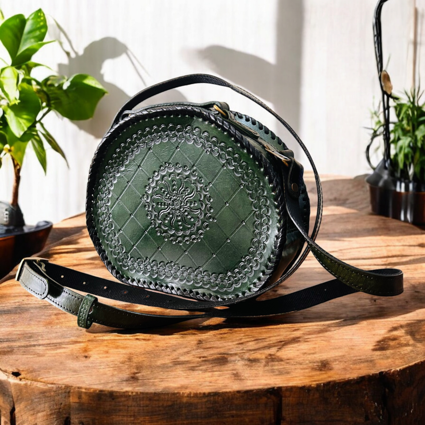 Olive Green Hand-carved Leather Round Handbag