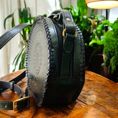 Olive Green Hand-carved Leather Round Handbag