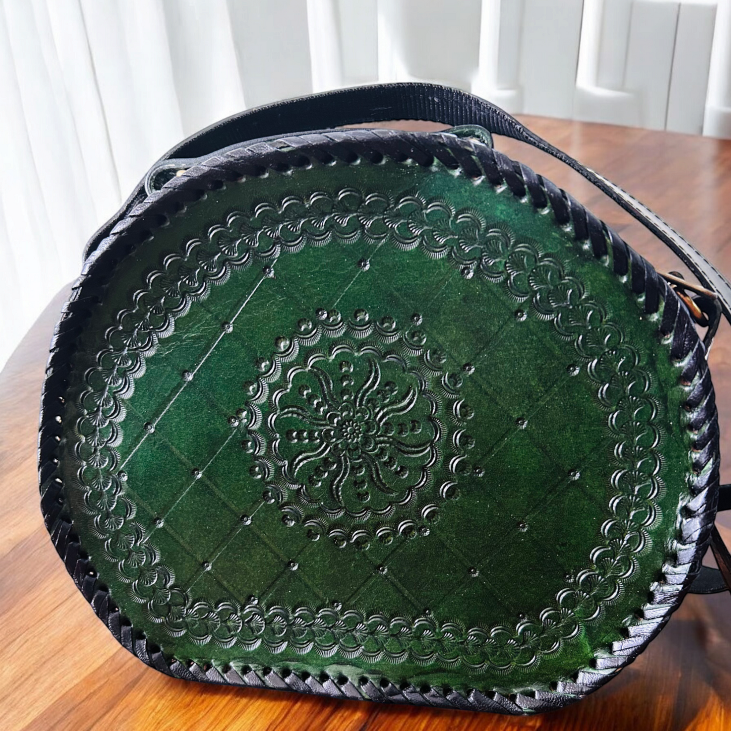 Olive Green Hand-carved Leather Round Handbag