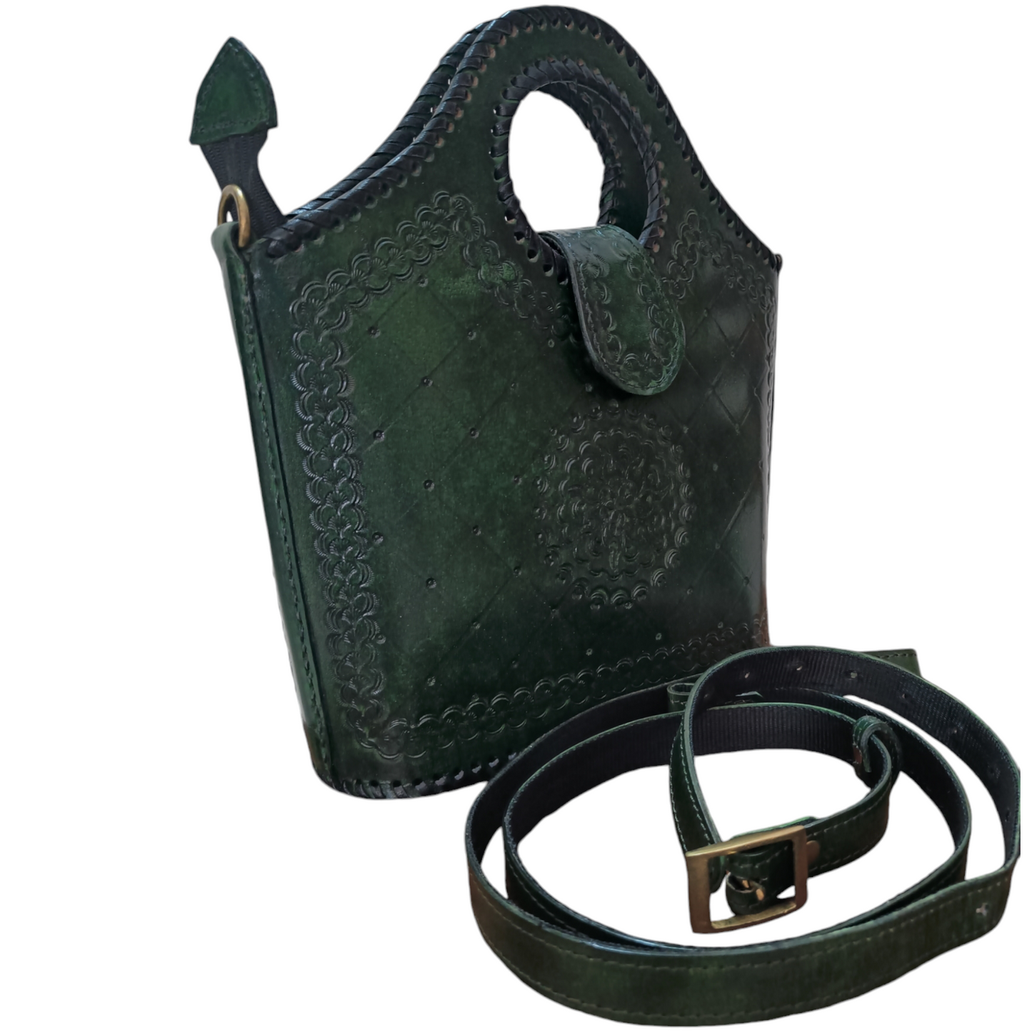 Olive Green Hand-carved Leather Handbag