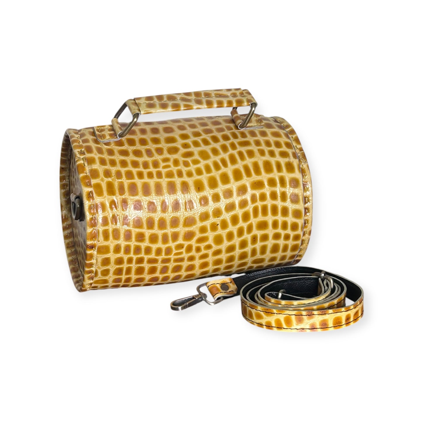 Yellow white Croc Leather Barrel Bag