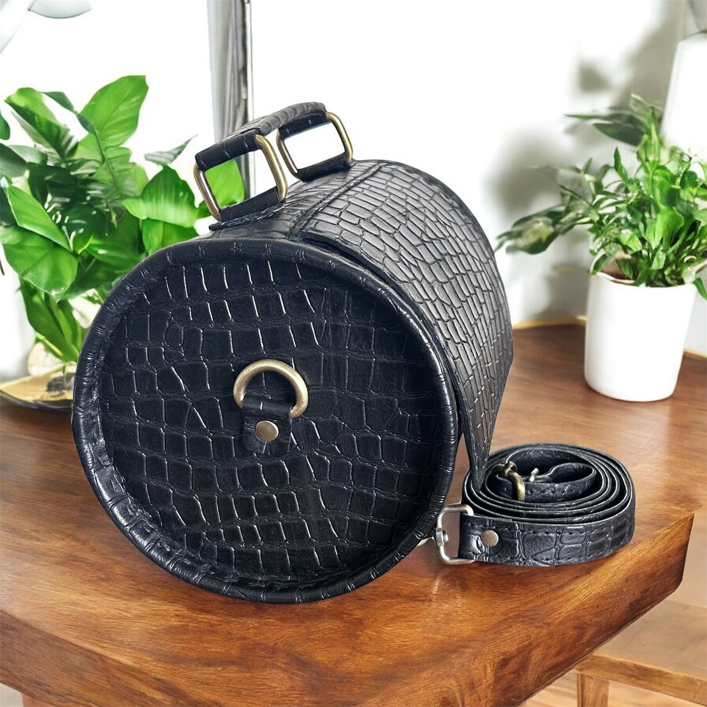 Black Leather Barrel Bag