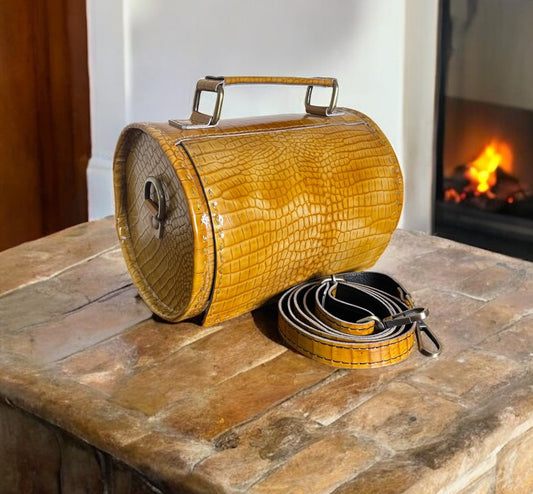 Yellow Croc Leather Barrel Bag