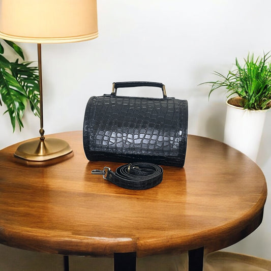 Black Leather Barrel Bag