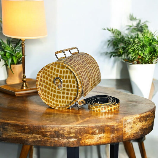 Yellow white Croc Leather Barrel Bag