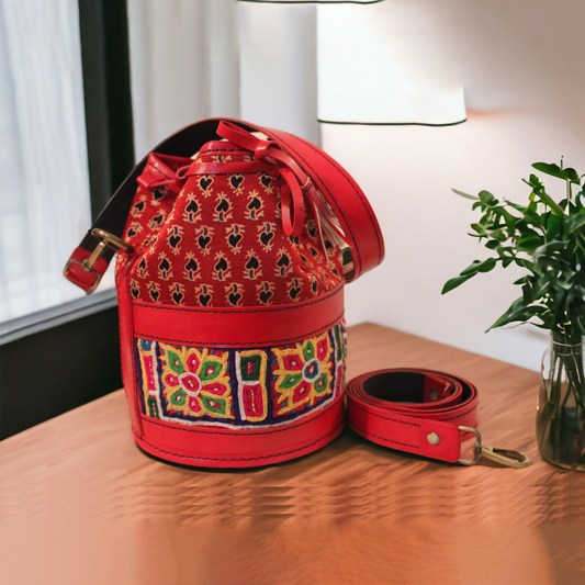 Red Ajrakh Leather Embroidered Potli