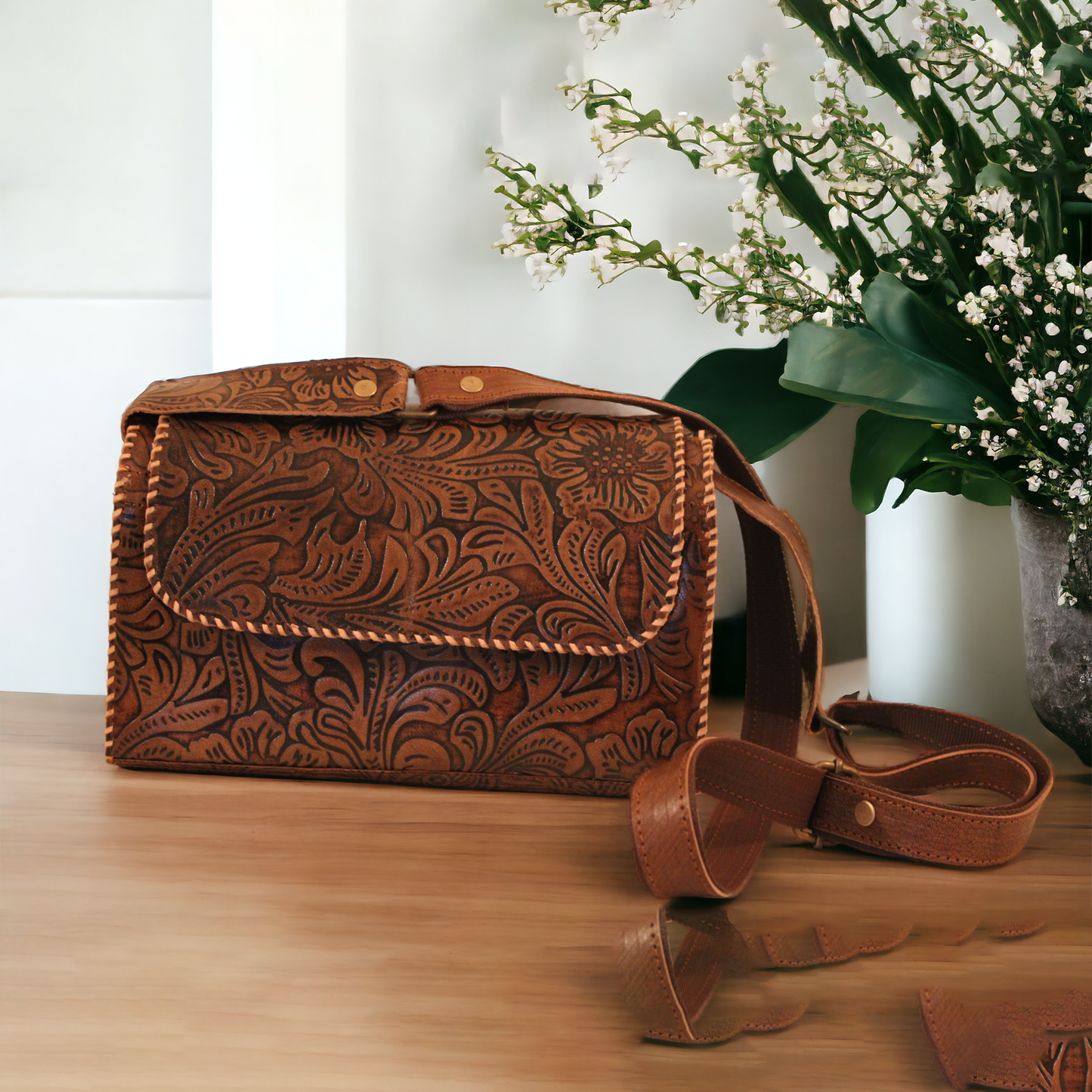 Sand Brown Hand embossed Baguette Leather Bag